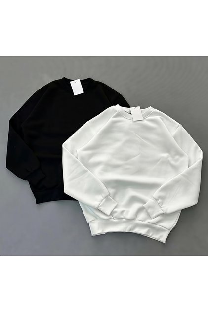 Men's Black and White Thick Crew Neck Oversize Cut 3 Thread Sweatshirt