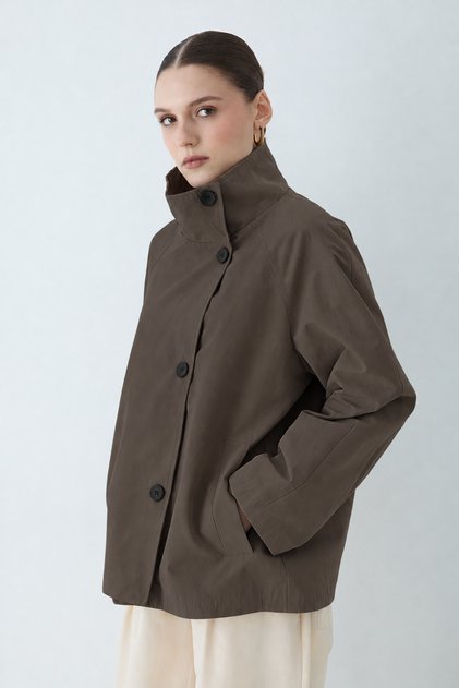 Women's Stand Collar Buttoned Pocket Detailed Long Sleeve Coat - Brown