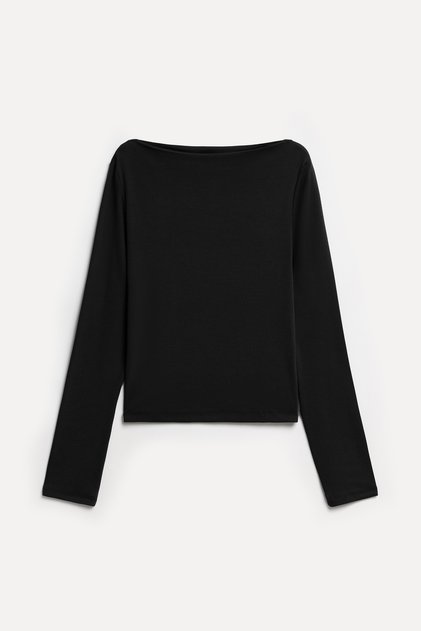 Women's Black Fitted Boat Neck Long Sleeve Blouse