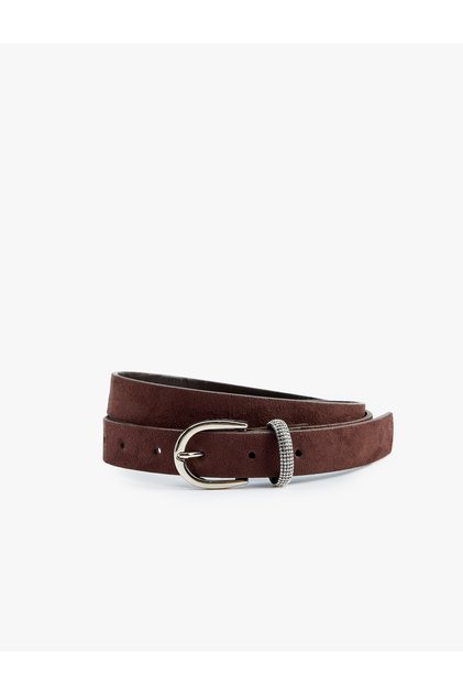 Faux Suede Belt with Stone Ring and Metal Buckle