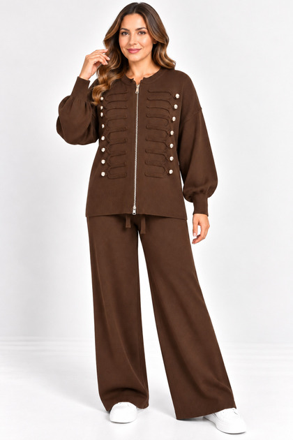 Plus size knit set with button detail - brown