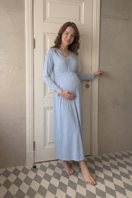 Mirela V-Neck Shoulder and Sleeve End Lace Detailed Bamboo Fabric Maternity and Postpartum Nightgown