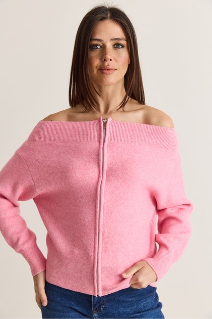 Women's Pink Madonna Collar Zippered Relaxed Knitwear Cardigan Th261070 60286640