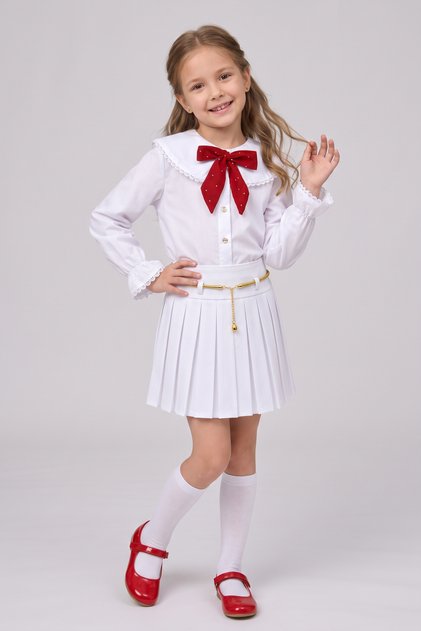 Girl's Long Sleeve Doll Collar Red Scarf Polka Dot Shirt Yellow Chain White Pleated Skirt April 23 October 29 Show Outfit White