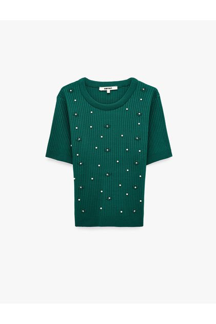Regular Fit Short Sleeve Crew Neck Pearl Knit Sweater