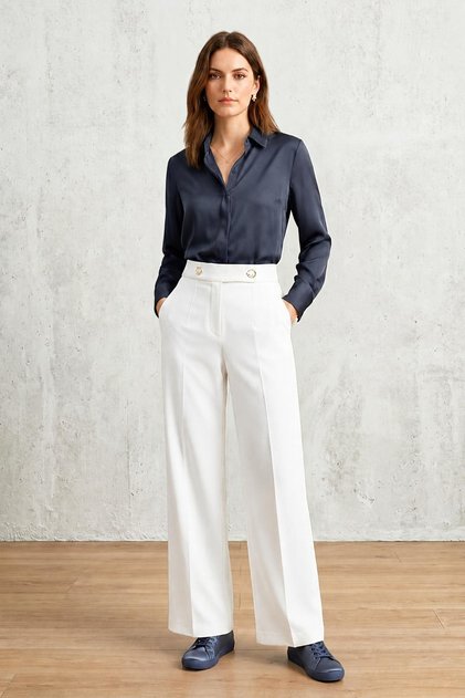 Women's High Waist Double Button Detailed Wide Leg White Palazzo Trousers