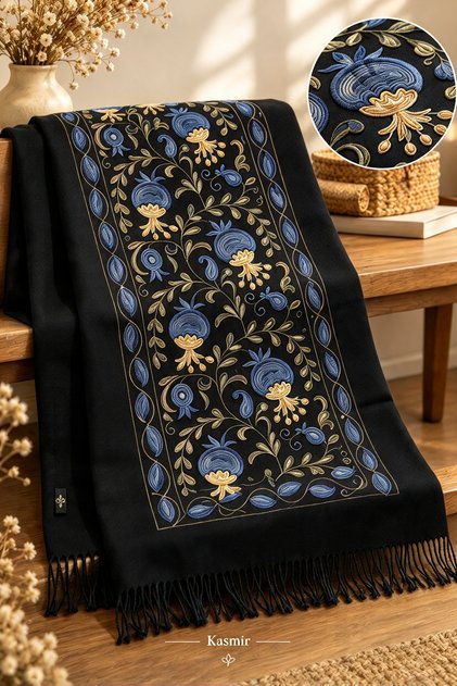 Women's Motif Embroidered Shawl with Tassels, Cashmere Luxe Ethnic Patterned