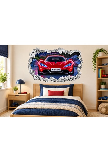 Kişiye Özel İsimli Kırmızı Spor Araba 3D Görünümlü Duvar Stickerı – Çocuk Odası Dekorasyonu