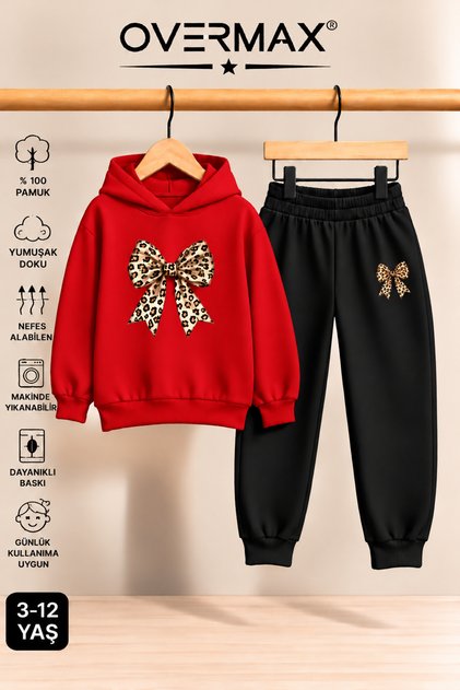 Leopard Patterned Ribbon Printed Children's Hooded Sweatshirt Tracksuit Set - Ages 3-12
