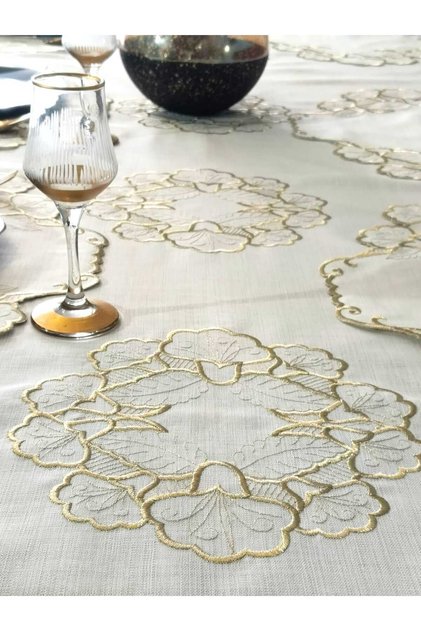 Medium Pattern Intense Glitter Embroidered Cream Color Tablecloth for 8 People