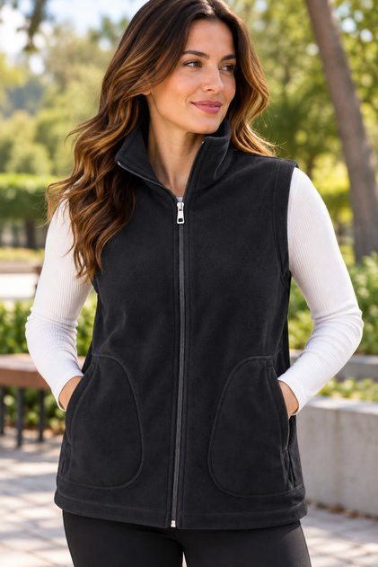 Plus Size Women's Fleece Vest Zippered Stand Collar Pocketed Sleeveless Coat Burgundy Black 42-70