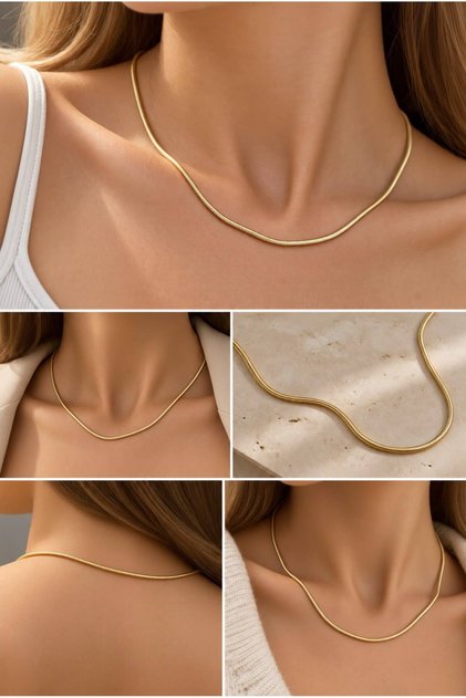 Kadın Gold 14K Yassı Yılan Zincir Kolye 45 cm