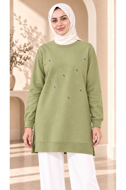 Women's Stone Detailed Long Sweatshirt Tunic