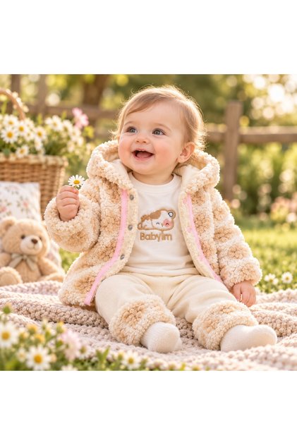 Costum bebe fetita 3 piese cu jacheta pufoasa, bluza si pantaloni crem cu detalii roz