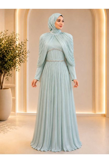 Women's Shoulder Detailed Waist Stone Embellished Yoryo Fabric Evening Dress Wedding Invitation Engagement Graduation Dress
