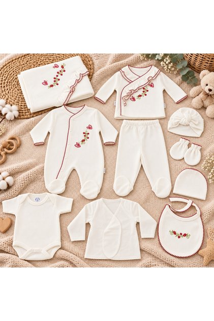 Set nou nascut 10 piese bumbac, alb rosu, flori si fluturasi, paturica, salopeta si accesorii