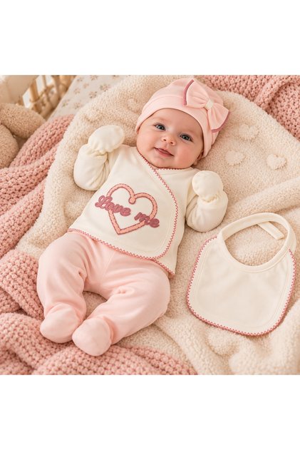 Set bebe fetita 5 piese bumbac crem si roz, Love Me, pantaloni cu botosei integrati