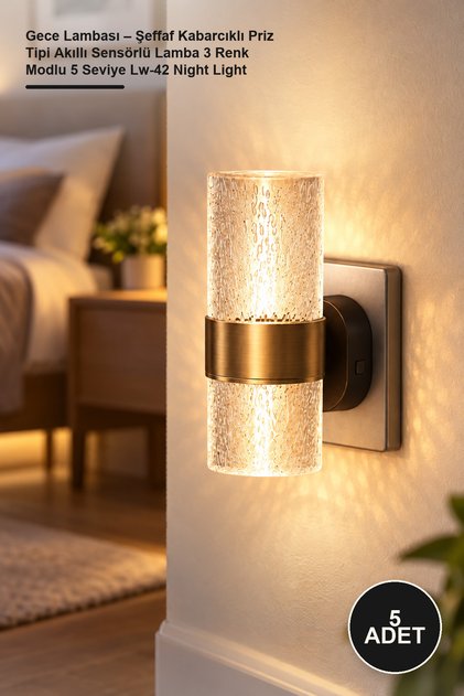 5 Adet Gece Lambası – Şeffaf Kabarcıklı Priz Tipi Akıllı Sensörlü Lamba 3 Renk Modlu 5 Seviye Lw-42 Night Light