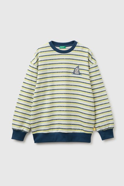Boy's green mix embroidered oversize striped crew neck sweatshirt