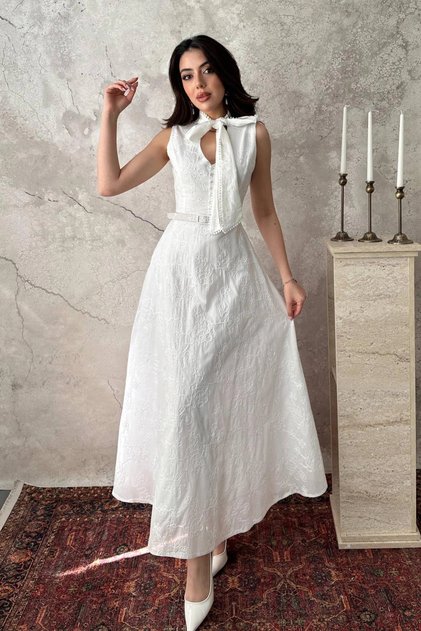 Women's Ecru Sleeveless Scarf Collar Embroidered Belted Halter Neck Midi Flared Dress