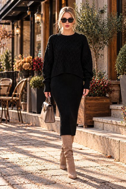 Women's Black Black Hair Knit Crew Neck Sweater and Midi Skirt Bottom Top Knitwear Set