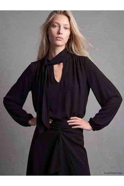 Nevavm with a Difference Lcw Vision Black Crepe Plain Tie Neck Long Sleeve Women's Blouse