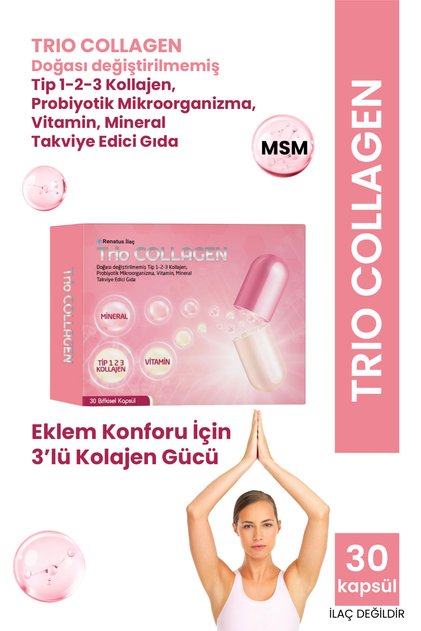 Trio Collagen, Doğası Değiştirilmemiş Tip 1-2-3 Kolajen, Probiyotik Mikroorganizma, Vitamin, Mineral Takviye Edici Gıda - 30 Bitkisel Kapsül