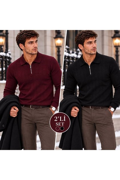 New Season Polo Collar Zippered Double Sweater