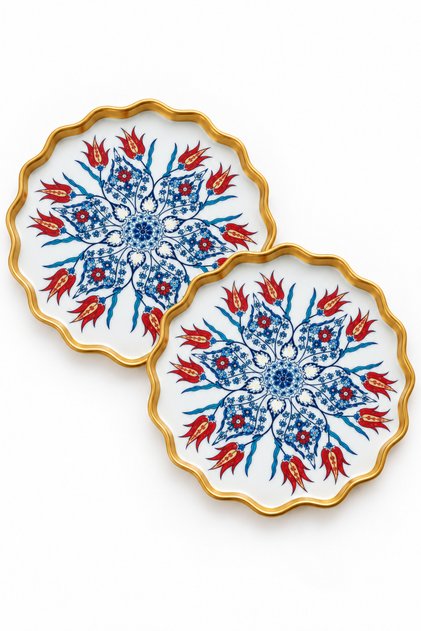 2-Piece Decorative Tray and Board Set – Uv Printed Glass Medium Surface, Gold Gilded, Floral Pattern, Presentation and Home Decoration