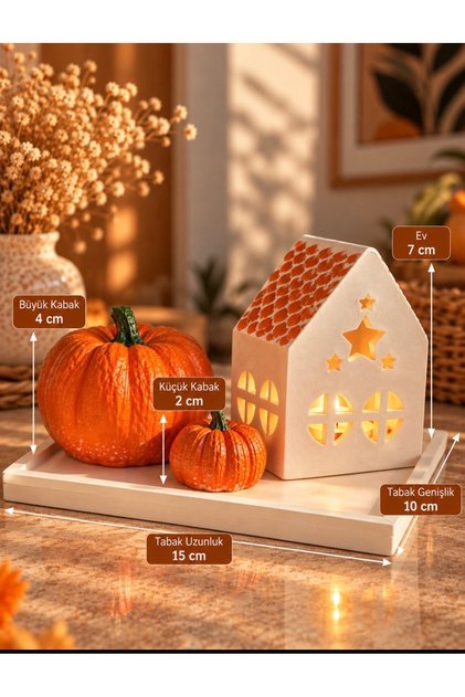 El Yapımı Ev, Bal Kabağı ve Dekoratif Tealight Mumluk Seti (Sonbahar)