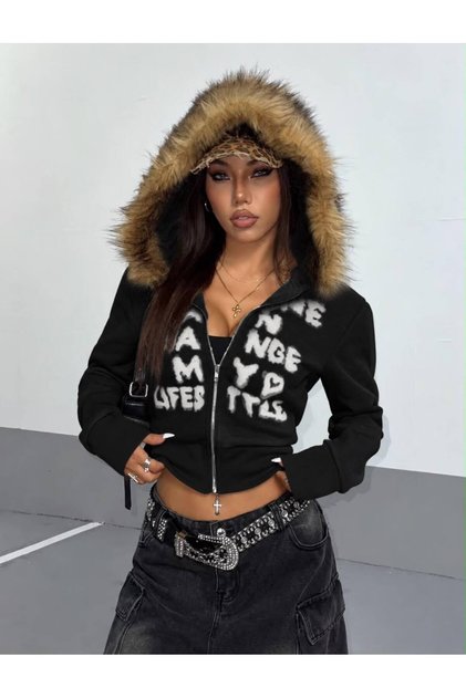 Change My Lifes Fur Hooded Black Cardigan Croptop
