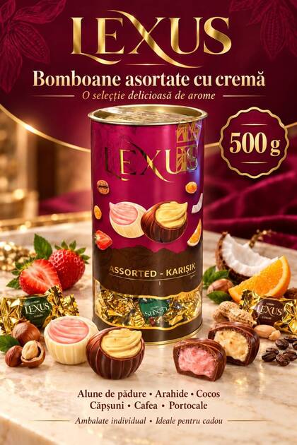 – Bomboane asortate cu cremă, ambalate individual, în cutie cilindrică elegantă, 500 g
