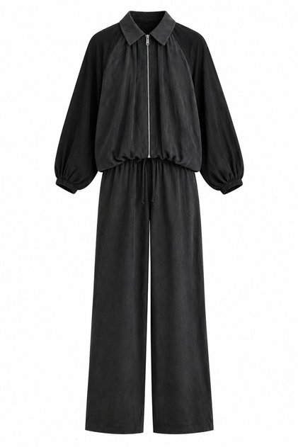 Black Garnished Bomber Pants Set - 2Y51458