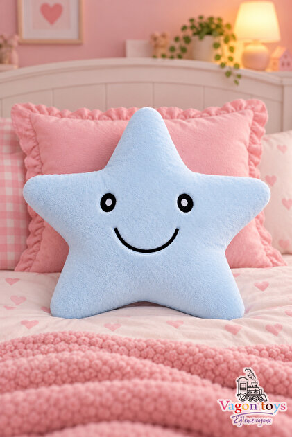 Cute Smiling Star Plush Pillow Sleeping Companion with Pink and Baby Blue Color Options 35X35 cm