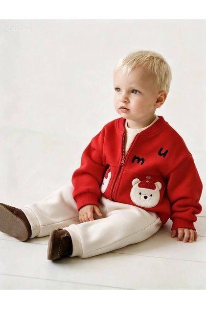 Baby Boy Red Teddy Bear Figured Zippered Jacket 3-Piece Set