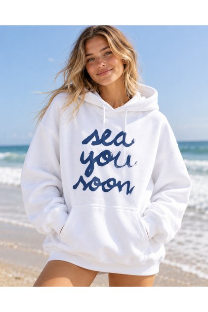 Winter Three Yarn Mix Printed Oversize Hooded Sweatshirt White-Black-Baby-Pink-Beige