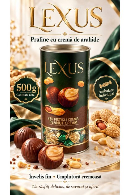 – Praline cu cremă de arahide, ambalate individual, cutie metalică 500 g