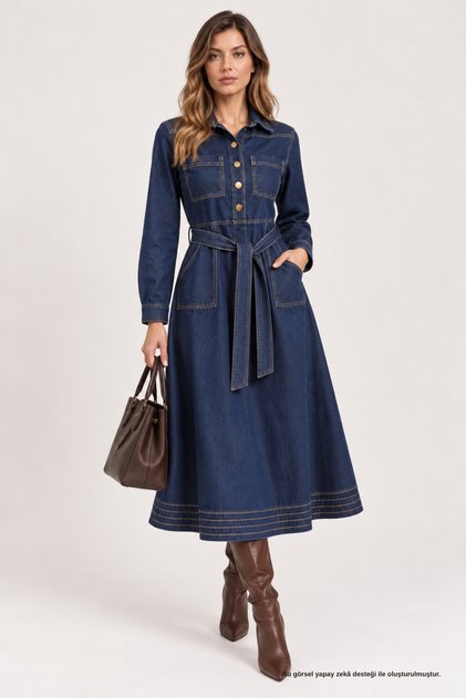Kuşaklı Kontrast Dikişli Lacivert Denim Elbise