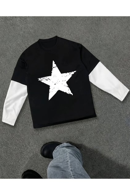 Star detail printed fake sleeve unisex oversize t-shirt