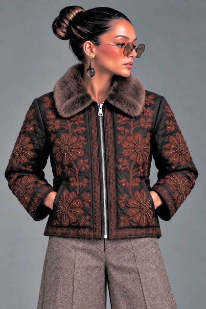 Bohem Embroidered Fur Collar Brown Coat