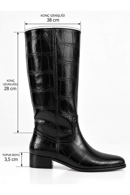 Women's Black Crocodile Patterned Below-The-Knee Boots 3.5 cm Short Thick Heeled Stylish Daily Boots