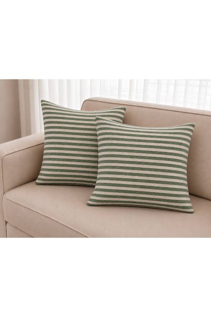 Striped Green Striped Cotton Linen 2-Piece Throw Pillow Cover