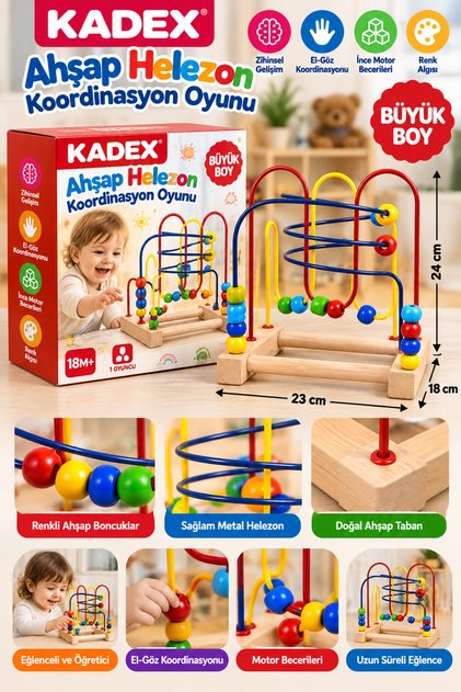 Büyük Boy Eğitici Ahşap Helezon Koordinasyon Oyunu Renkli Boncuklu