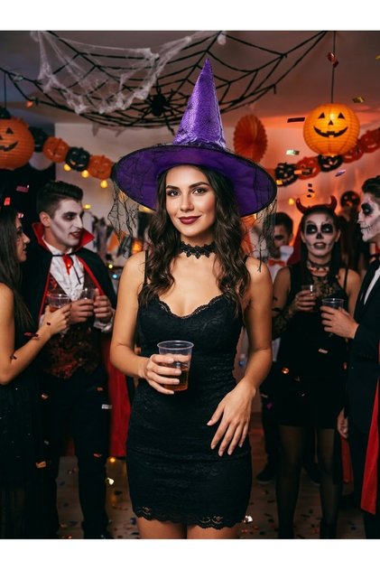 Halloween Mor Cadı Şapkası Siyah Tül Örtülü Örümcek Ağı Desenli Kostüm Aksesuarı