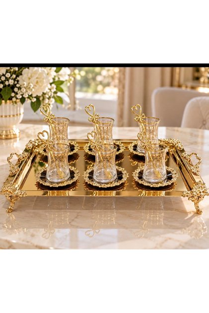 Transparent Glass Cups and Saucer Set with Gold Details, Heart-Shaped Accessories