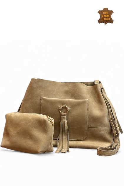 Marilla 100% Genuine Nubuck Loose-fitting, Soft Leather Tasseled Elegant Design Shoulder and Crossbody Bag
