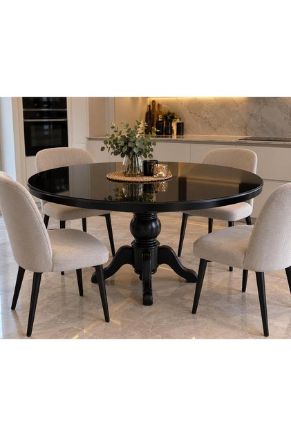 Lüks Siyah Yuvarlak Yemek Masası - 1. Kalite 18 mm Kabartmalı MDF Tablalı Ahtapot Ayaklı Mutfak ve Salon Masası