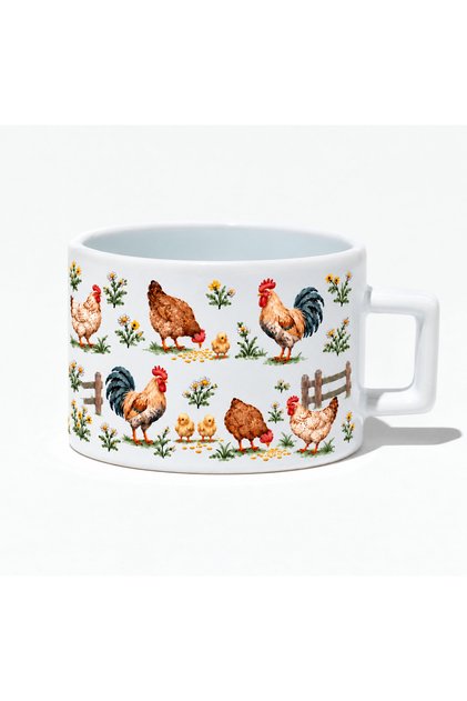 Mugtory Vintage Çiftlik Tavuk Horoz ve Civciv Desenli Hediyelik Seramik Kupa – 200 ml