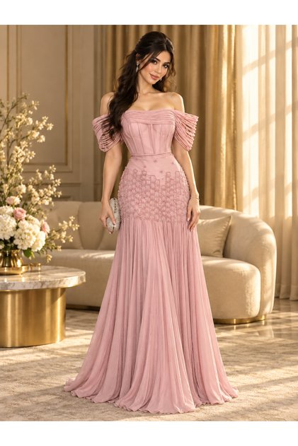 Luxurious Off-Shoulder Evening Dress with Mesh Embroidery and Flowing Tassels
