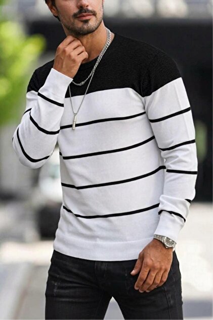 Santi Slim Fit Striped Crew Neck Men's Knitwear Sweater
